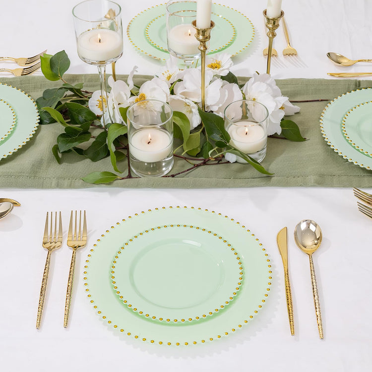 100pcs Green Plastic Plates with Gold Bead Design for Wedding (100 Count)