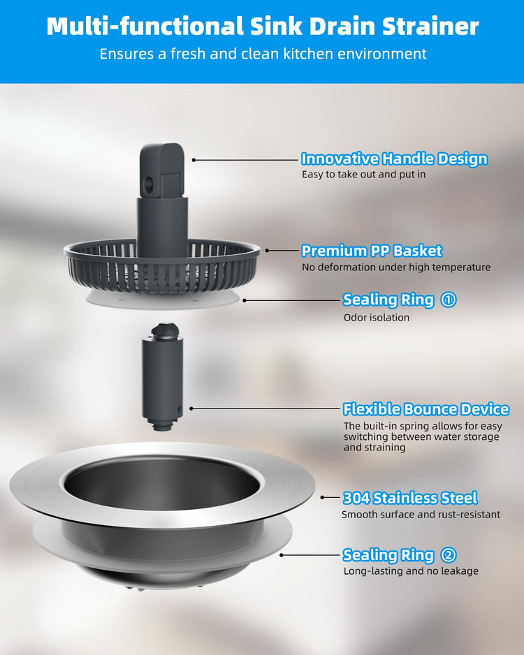 2 Pack 3 in 1 Kitchen Sink Drain Strainer and Stopper Combo