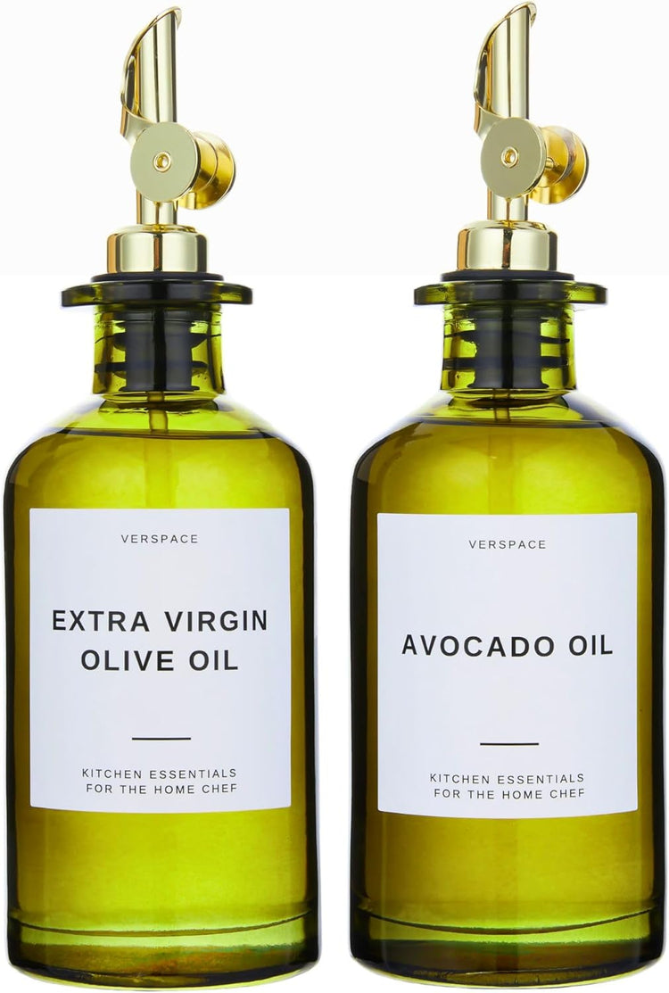 Green Glass Olive Oil Dispenser Bottle For Kitchen By Verpsace,Avocado Oil Dispenser Set, Modern Decor, Gold Kitchen Accessories for Home, Airbnb, Cafe (Gold, Set of 2)