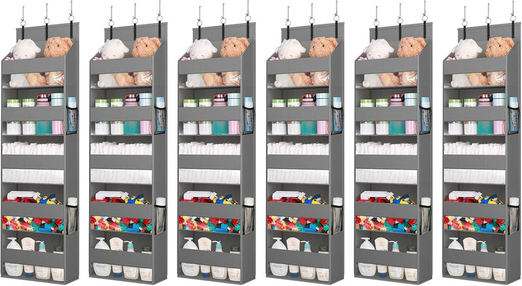 Lifewit 6 Packs Over the Door Organizer, 5 Shelf Clear Window Hanging Storage with 4 Mesh Side Pockets, Anti Tilt 40 lbs Load Behind Door for Pantry, Nursery, Bathroom, Bedroom, Kitchen, Dorm, Grey