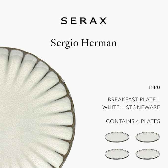 Serax Breakfast Plate | Inku Tableware van Sergio Herman | 4 Dessert Plates | Stoneware Dinnerware Set in white | luxury Dishware for Dinner at Home, Party, Cake, Christmas | Kitchen Sets