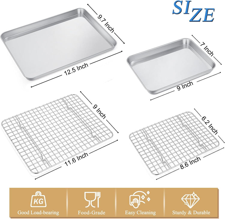 P&P CHEF 12.5 + 9 Inch Baking Sheet and Rack Set, Stainless Steel Cookie Sheets Oven Baking Pans Trays with Cooling Racks for Cooking & Roasting, Oven & Dishwasher Safe, (4Pcs)