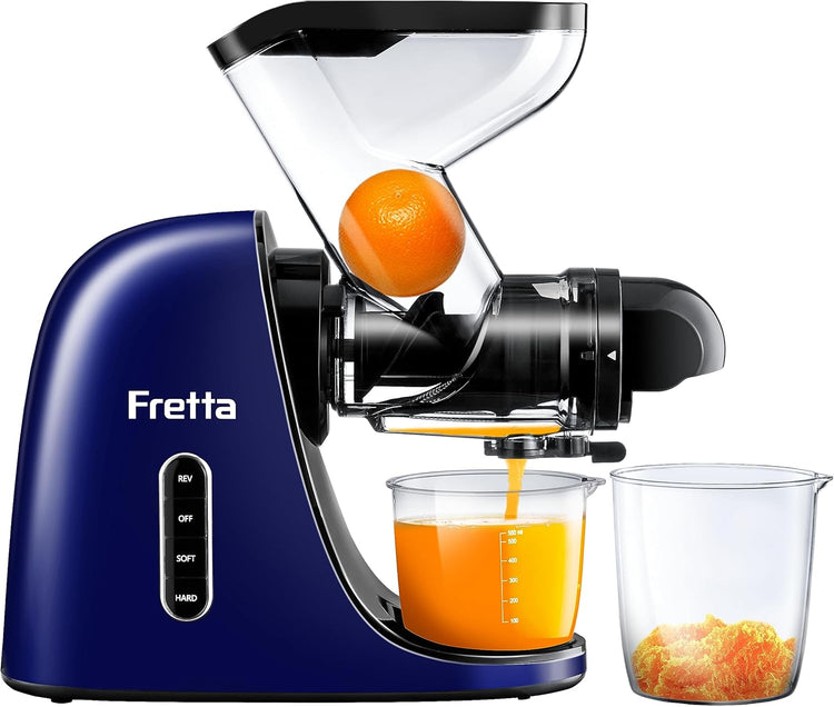 Slow Juicer Machines, Fretta Cold Press Juicers, Masticating Juicer Machine,Juice Extractor with 2-Speed Modes, Reverse Function & DC Quiet Motor, BPA-Free, Easy to Clean, 200W(Blue)
