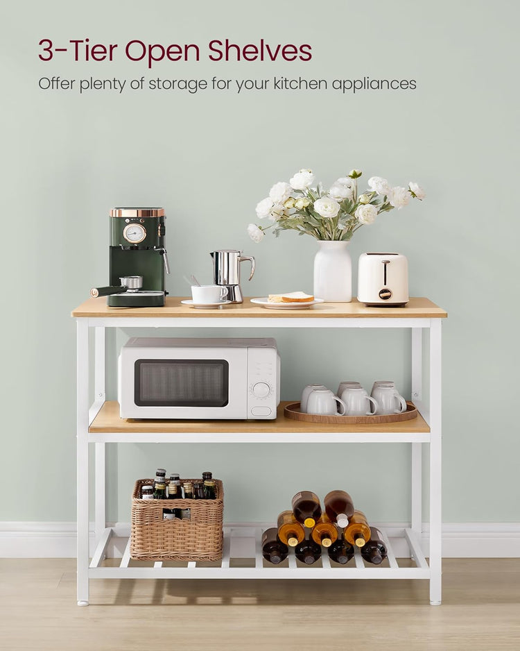 VASAGLE Kitchen Island with 3 Shelves, 39.4 Inches Width Kitchen Shelf with Large Worktop, Stable Steel Structure, Industrial, Easy to Assemble, Oak Color and White UKKI005W09