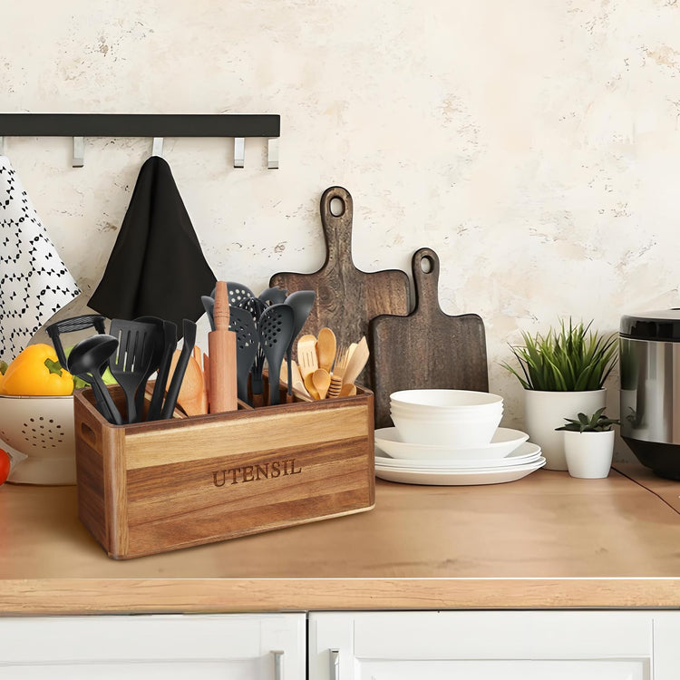 Acacia Wood Utensil Holder for Kitchen Counter