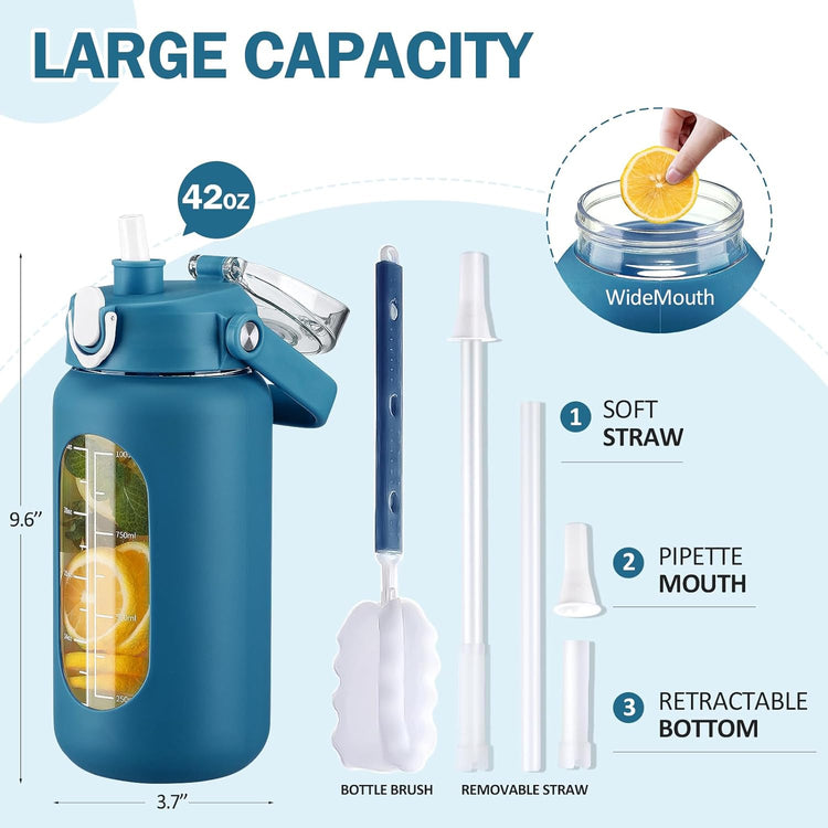 kytffu 42oz Glass Water Bottles with Straw, Motivational Glass Bottle with Silicone Sleeve and Time Marker, Leakproof Large Glass Water Jug for Gym Home Office,Iron Blue
