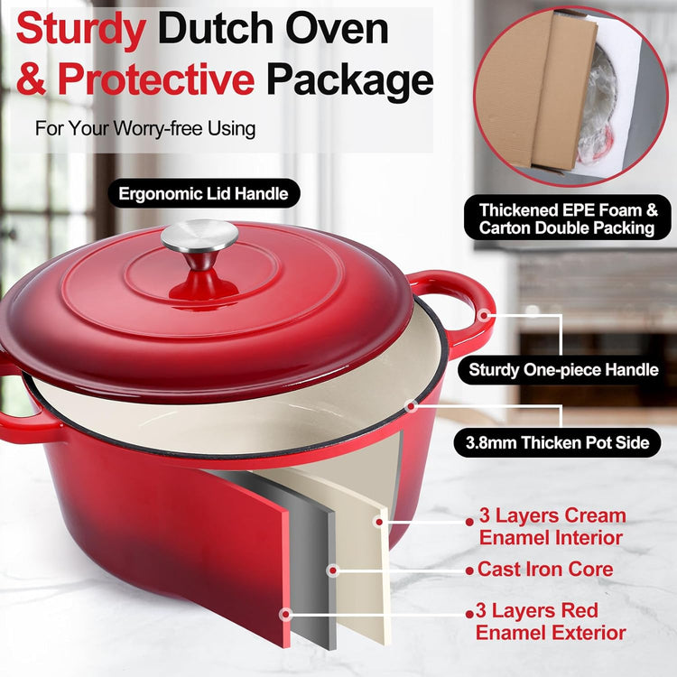 P&P CHEF 5QT Enameled Dutch Oven, Cast Iron Dutch Oven Pot with Lid for Bread Baking, Enameled Casserole Pot for Roasting Braising Stewing Frying Simmering, Various Stoves & Easy Clean, Red - Nestoria