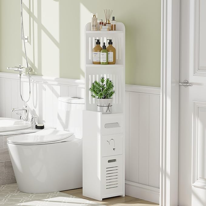 VECELO Bathroom Cabinet Corner Shelf, with Cabinet for Bathroom Narrow Space,Small Storage Organizer with Toilet Paper Roll in Restroom Waterproof Lightweight,White