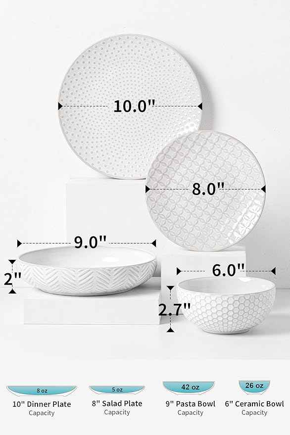 16-Piece Ceramic Plates and Bowls Set,Dual Bowl Dish Set with Dinner & Pasta Bowls，Elegant Embossed Dinnerware for Modern Homes,for Microwave & Dishwasher Safe