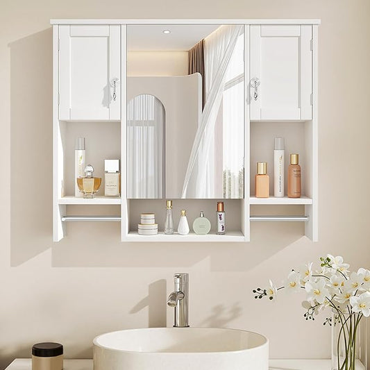 VECELO Large Bathroom Wall Cabinet with Mirror, Wall Mounted Medicine Cabinet with Open Shelves, 2 Towel Bars for Bathroom Laundry Room Kitchen, 35.04" L x 7.09" W x 28.94" H