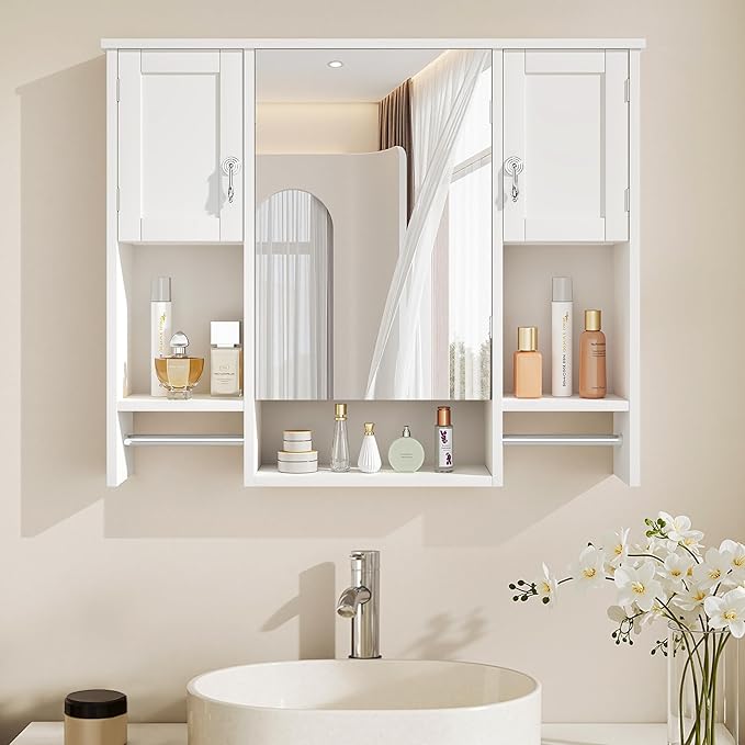 VECELO Large Bathroom Wall Cabinet with Mirror, Wall Mounted Medicine Cabinet with Open Shelves, 2 Towel Bars for Bathroom Laundry Room Kitchen, 35.04" L x 7.09" W x 28.94" H