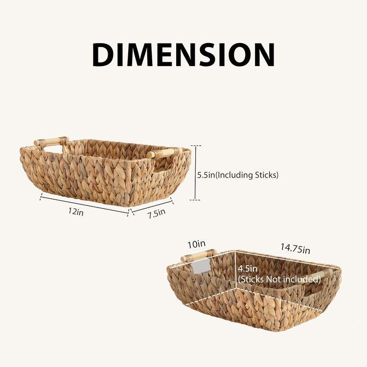 Water Hyacinth Storage Baskets with Wooden Handles，Large Wicker Baskets for Organizing Set of 2