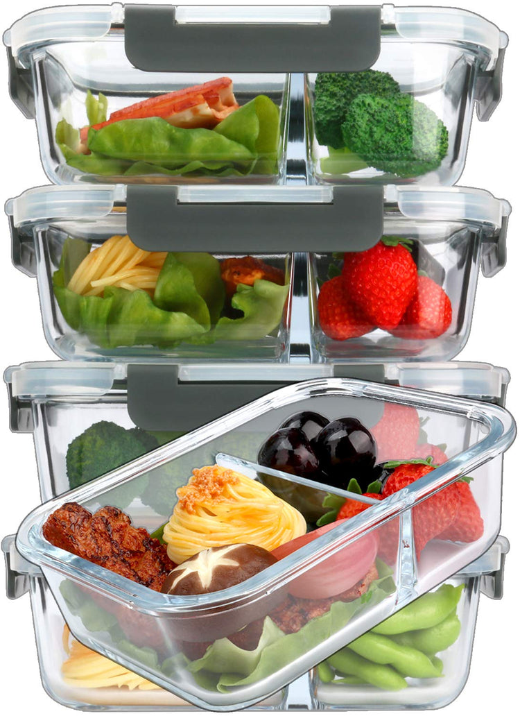 5 Pack,36 oz, 2 Compartments Glass Meal Prep Containers with Lids (5 Count)