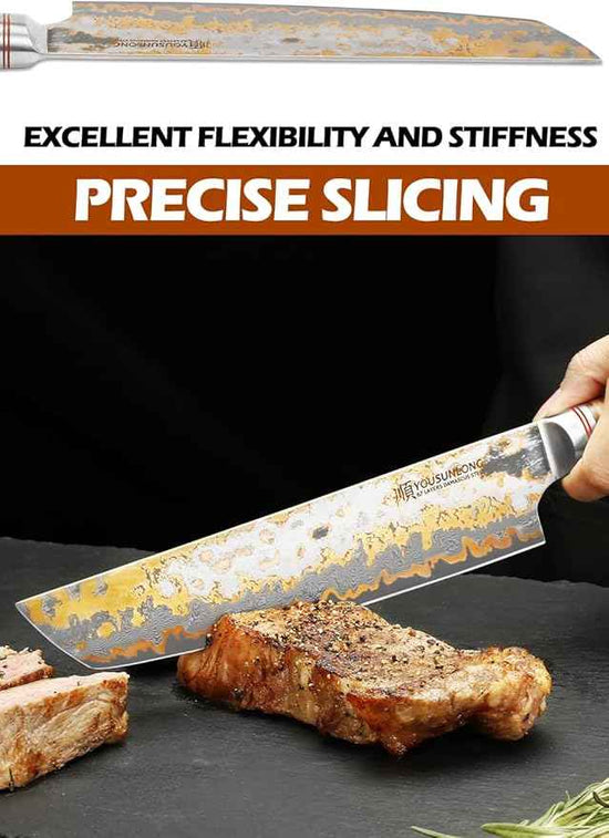 YOUSUNLONG Tanto Chef's Knife 8 Inch - Japanese Handmade CuMai Copper Damascus Steel Blade - Naturel Burl Wooden Handle with Leather
