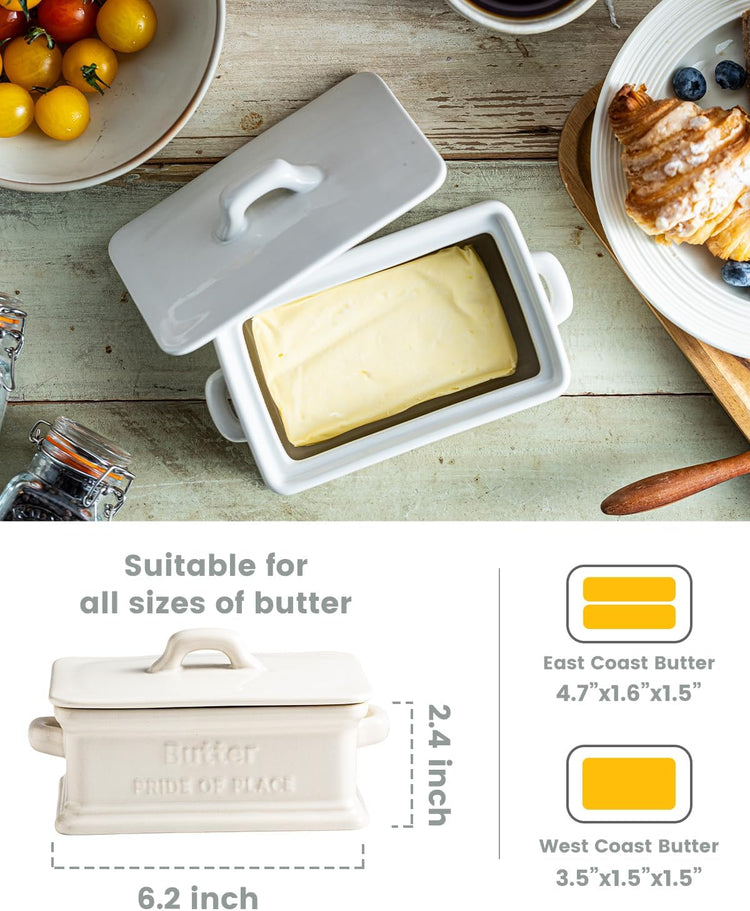 Butter Dish with Lid, Ceramic Butter Dish for Countertop Butter Holder Container Large Butter Keeper for East West Coast Butter, White