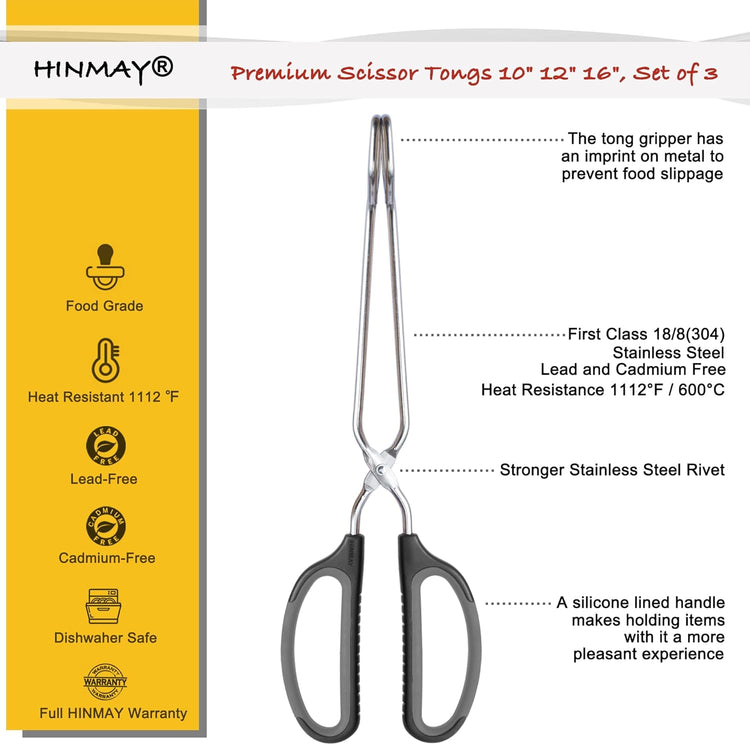 Stainless Steel Scissor Tongs Cooking Tongs Set, Set of 3 (Black Handle, 10" 12" 16")