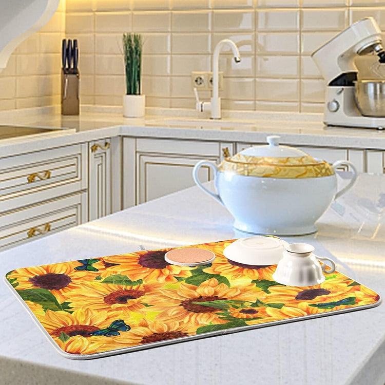 Super Absorbent Dish Drying Mat, Microfiber Fast-Drying Dish Mat, 24" x 18", Kitchen Dish Drying Pad, Sunflowers And Green Blue Butterflies