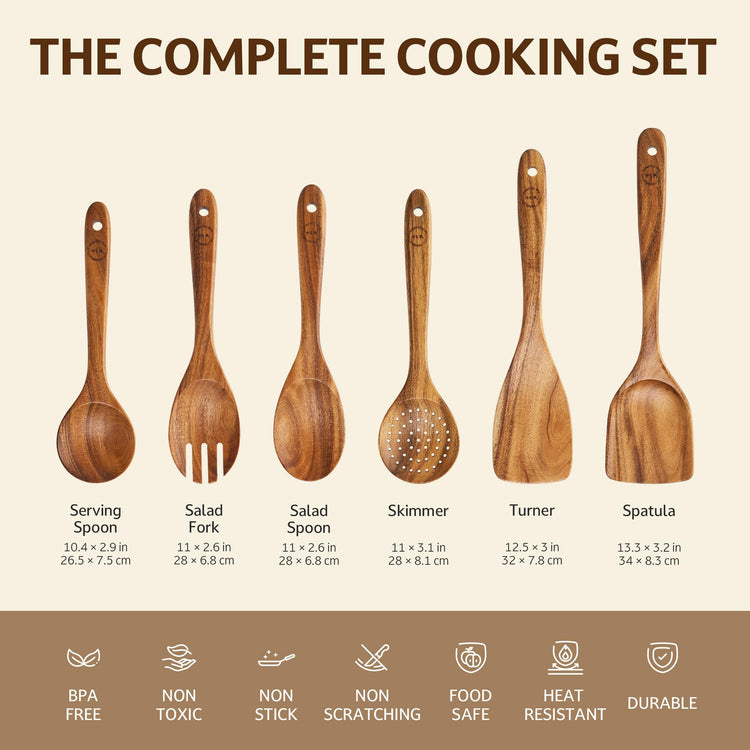 6 Piece Teak Wood Cooking Utensil Set (6 Count)