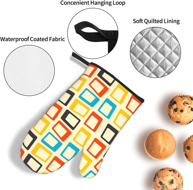 Mid Century Modern Oven Mitts and Pot Holders Sets of 3 Retro Heat Resistant Non Slip BBQ Gloves for Cooking Grilling Baking Kitchen Decor
