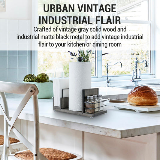 Rustic Gray Wood Paper Towel & Napkin Holder with Spice Rack Holder