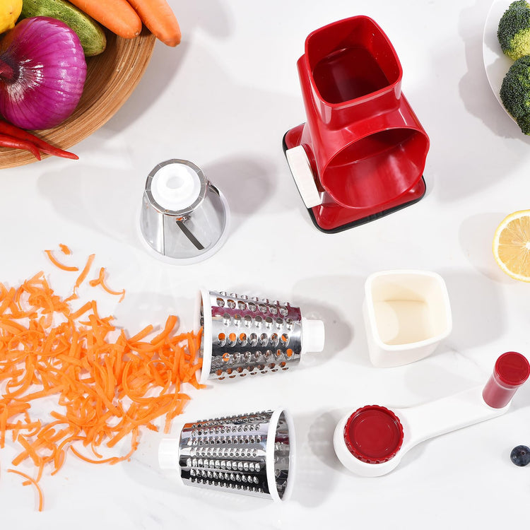 Rotary Cheese Grater with Handle Kitchen Shredder Slicer Grater Slicer Ice Shaver Cheese Vegetable Nuts Potato Zucchini Chocolate 3 Interchangeable Blades