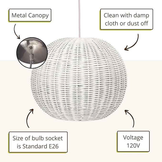 KOUBOO Lamp Wicker Ball Pendant – Boho Rattan Ceiling Light Fixture for Dining Room, Kitchen Island & Living Room Décor – Modern Farmhouse Pendant Light Shade, White