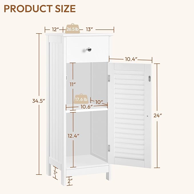 Yaheetech Bathroom Floor Storage Cabinet, Freestanding Side Table Storage Organizer Unit with Drawer and Single Shutter Door, D11.8xW12.6xH34.3 Inches