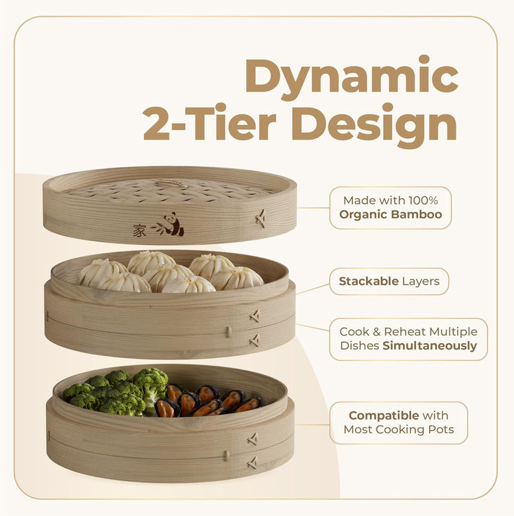 Prime Home Direct Bamboo Steamer Basket 12-Inch | 2-Tier Steamer for Cooking | 50 Liners, Chopsticks, Sauce Dish | Steaming Asian Food, Bao Buns, Chinese, Dim Sum, Dumpling, Rice, Vegetable Steam Pot