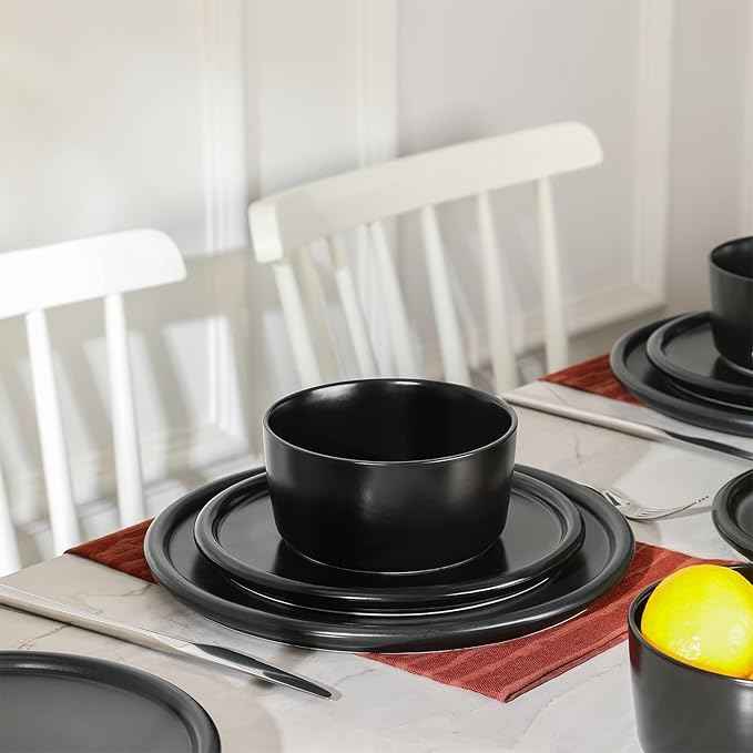 Stone Lain Eden 24-Piece Dinnerware Set Stoneware, Plates and Bowls Set, Dishwasher and Microwave Safe Dish, Dish Set for 8, Black