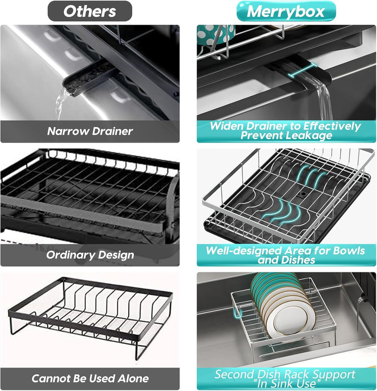 MERRYBOX Stainless Steel Dish Drying Rack for Kitchen Counter Sink，Rustproof Stainless Steel Dish Rack with Large 3-Compartment Utensil Holder
