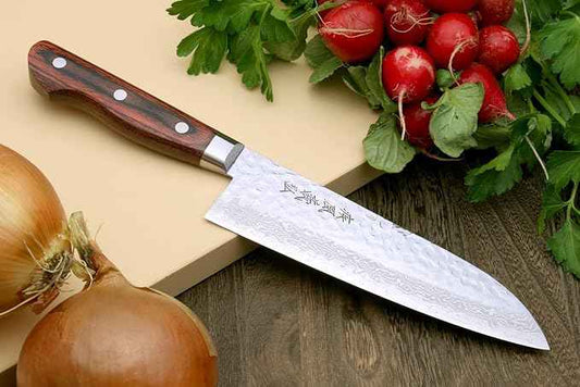 Yoshihiro VG10 16 Layer Hammered Damascus Stainless Steel Santoku Chefs Knife (7'' (180mm))