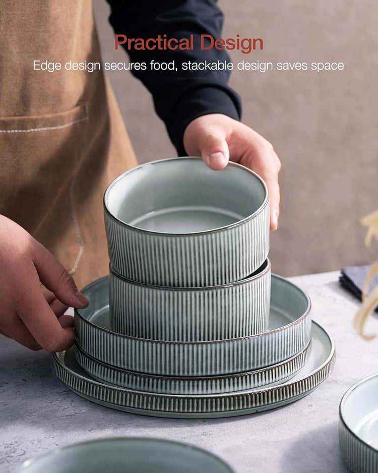 Famiware Star Plates and Bowls Sets, Modern Stoneware Dinnerware Sets for 6, 18-Piece Kitchen Dish Set - Chip and Scratch Resistant, Microwave and Dishwasher Safe Tableware, Smoky Blue