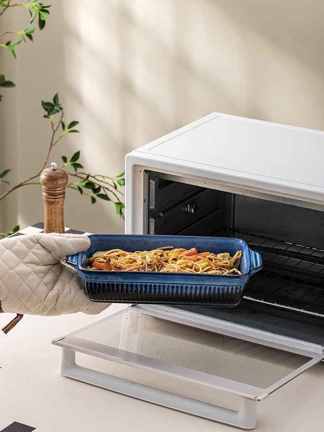 Kanwone Ceramic Baking Dishes, Rectangular Lasagna Pans, Casserole Dishes, Bakeware Set for Cooking, Kitchen, Cake Dinner, 9 x 13 Inches, Stripe Series - Reactive Glazed (Bright Blue)