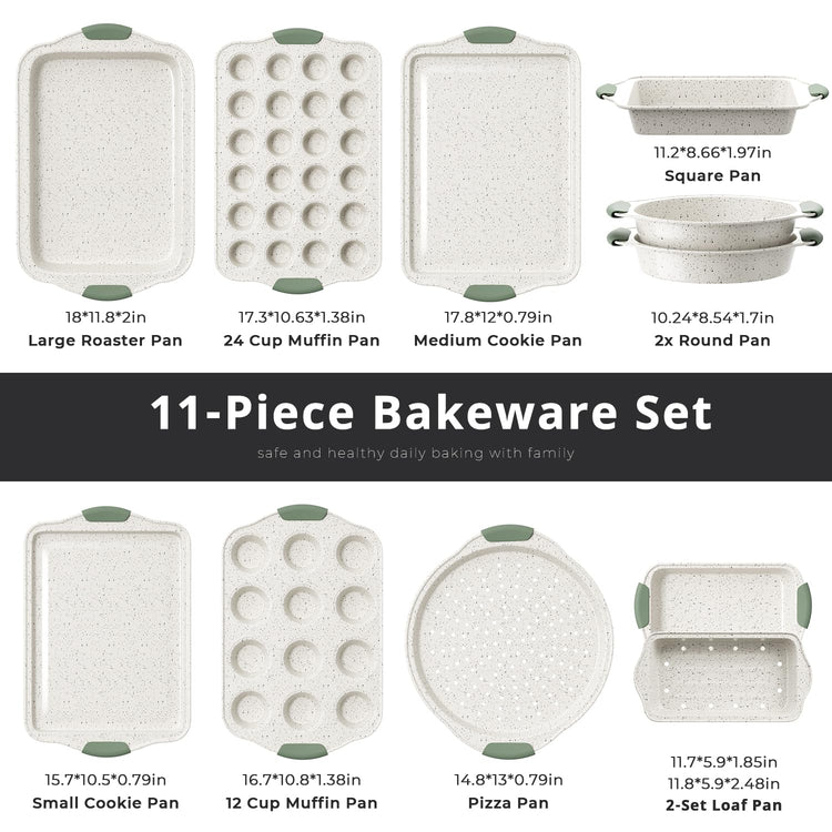 11-Piece Non-Toxic Baking Set, Stackable Nonstick Cookware, White&Green