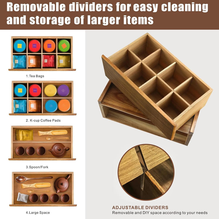 Idefair Acacia Woode Tea Box Organizer Storage Box with 5 Wooden Coasters, Tea Bags Organizer Chest Storage with Drawer, Tea Bag Box for Coffee Teabgs Countertop Display