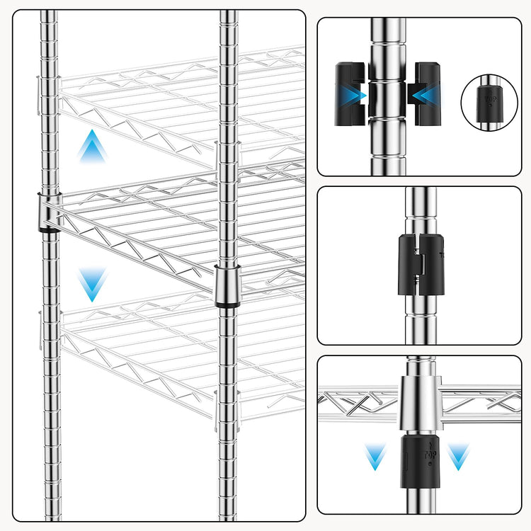 1000 lbs 4Tier Shelf Metal Storage Shelves Wire Rack Closet Organizers with Wheel for Garage Kitchen Bathroom Laundry Chrome 13.7" D x 23.6" W x 53.4" H (4 Count)