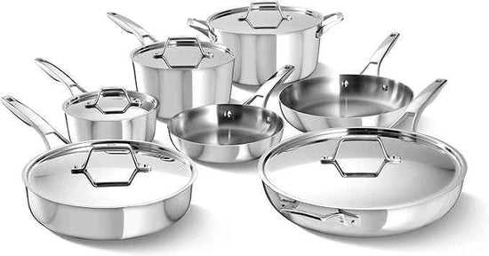 Calphalon Premier Polished 5-Ply Stainless Steel Cookware Set w/Turbo Heat Tech 12 Piece Includes Frying Pans, Pots and Pans Set, Induction, Oven Safe 500F, PFOA Free, Polished Stainless Silver