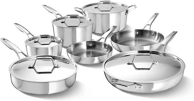 Calphalon Premier Polished 5-Ply Stainless Steel Cookware Set w/Turbo Heat Tech 12 Piece Includes Frying Pans, Pots and Pans Set, Induction, Oven Safe 500F, PFOA Free, Polished Stainless Silver