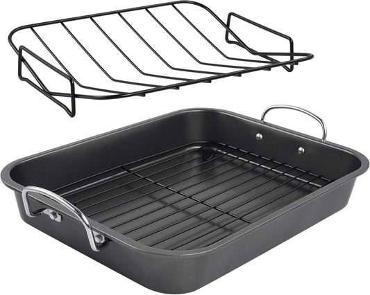 kitCom Nonstick Roasting Pan, Roaster with Rack - 16 Inch Rectangular Grill Suitable for Turkey, Roast Chicken, Ham, Dishwasher Safe (9.5QT) - Nestoria