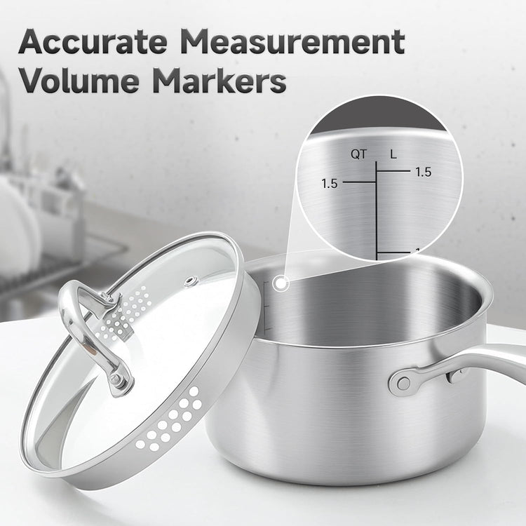1.5 Quart Stainless Steel Saucepan with Glass Strainer Lid, Thicken Tri-ply Full Body, Multipurpose Sauce Pot with Two-Size Drainage Holes Lid, Perfect For Boiling Gravies, Pasta, Noodles