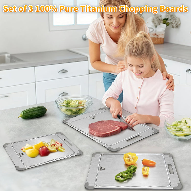 Silicone Corner Titanium Cutting Board Set for Kitchen with Groove (3 Count)