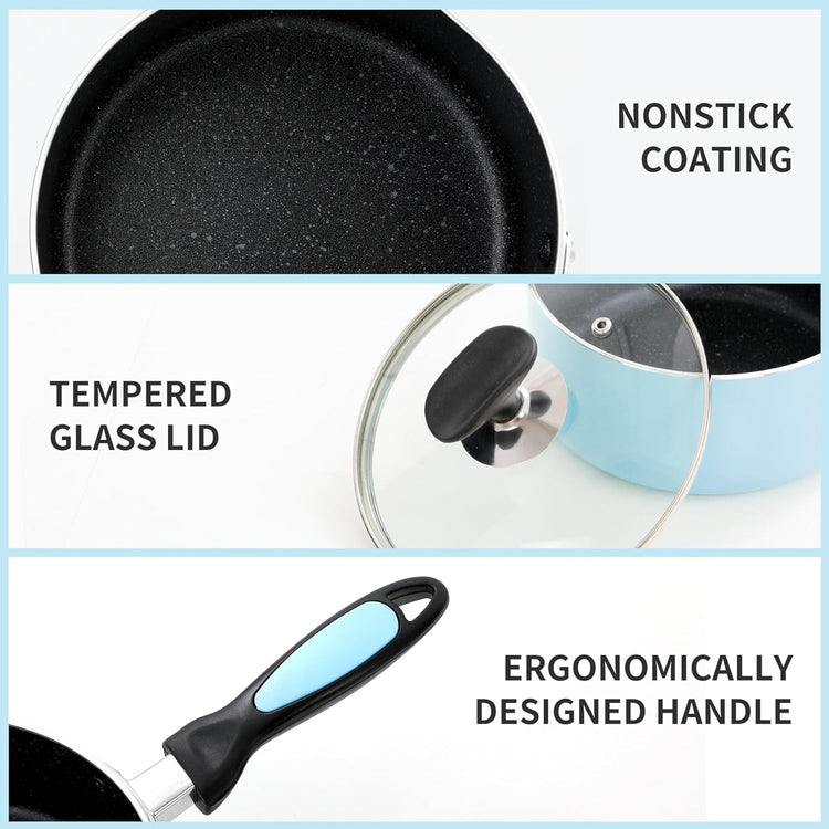 Nonstick Saucepan Set with Lid, Non Stick 1Qt & 2Qt Sauce Pan Set with Glass Lid Small Pot for Home Kitchen