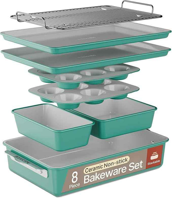 Bakken 8-Piece Ceramic Coated Bakeware Sets, Nonstick Aluminized Steel Pans with Muffin, Loaf, Cake, Roasting Pan, & Cooling Rack, Oven Safe Up To 500°F, Dishwasher Safe, BPA, PTFE & PFAS Free, Teal