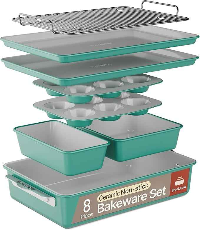 Bakken 8-Piece Ceramic Coated Bakeware Sets, Nonstick Aluminized Steel Pans with Muffin, Loaf, Cake, Roasting Pan, & Cooling Rack, Oven Safe Up To 500°F, Dishwasher Safe, BPA, PTFE & PFAS Free, Teal