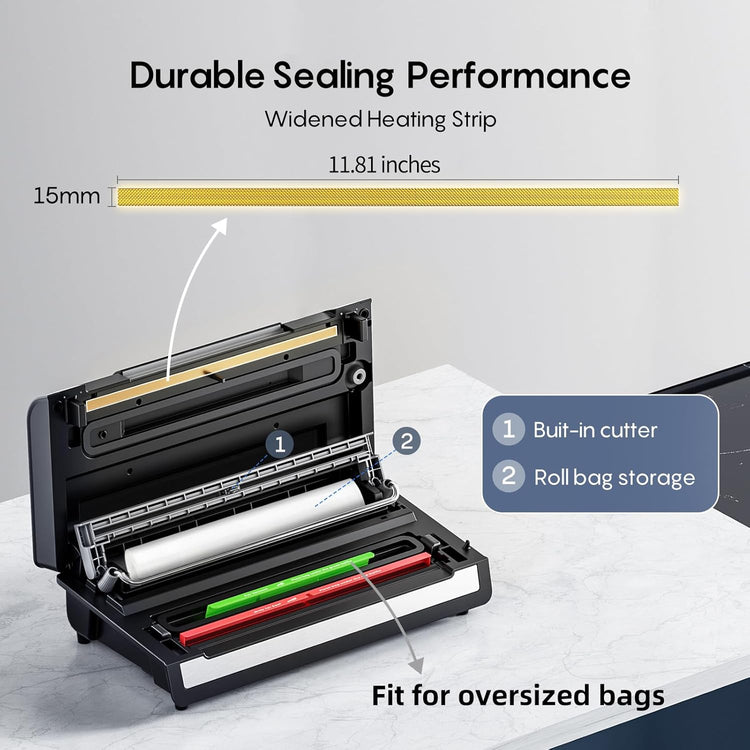 Fully Automatic Vacuum Sealer, 95Kpa Powerful Food Vacuum Sealer Machine, Auto Dry-Wet Detection | Bag Cutter | 2 Rolls Bags & 100 Pcs Precut Bags | Effortless Operation, Silver - Black