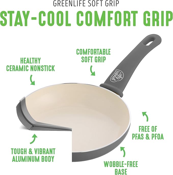 GreenLife Soft Grip Healthy Ceramic Nonstick 18 Piece Kitchen Cookware Pots and Frying Sauce Saute Pans Set, PFAS-Free with Kitchen Utensils and Lid, Dishwasher Safe, Gray