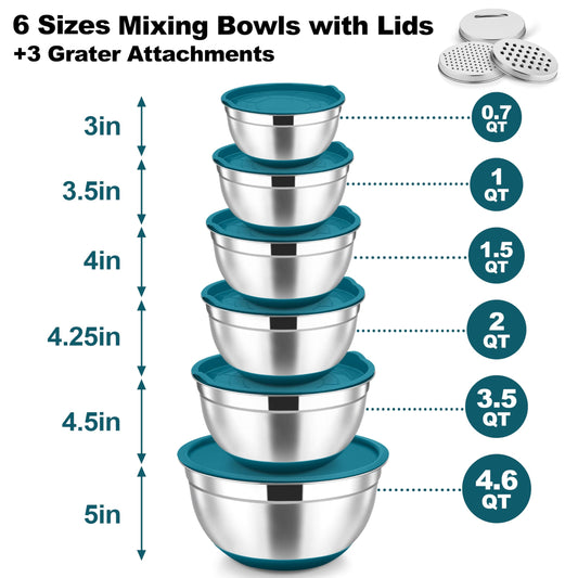 Mixing Bowls Stainless Steel Salad Bowl with Lid & Graters (6 Count)