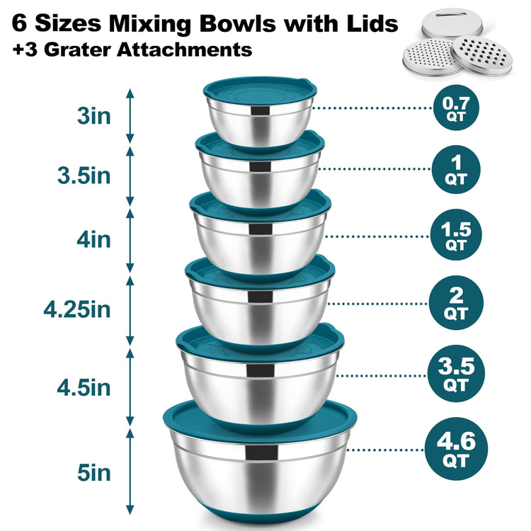 Mixing Bowls Stainless Steel Salad Bowl with Lid & Graters (6 Count)