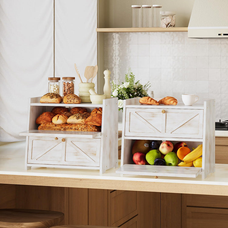 Vintage Double Layer Bread Box for Kitchen Counter Bamboo Bread Storage Container Large Capacity Bread Storage Bin