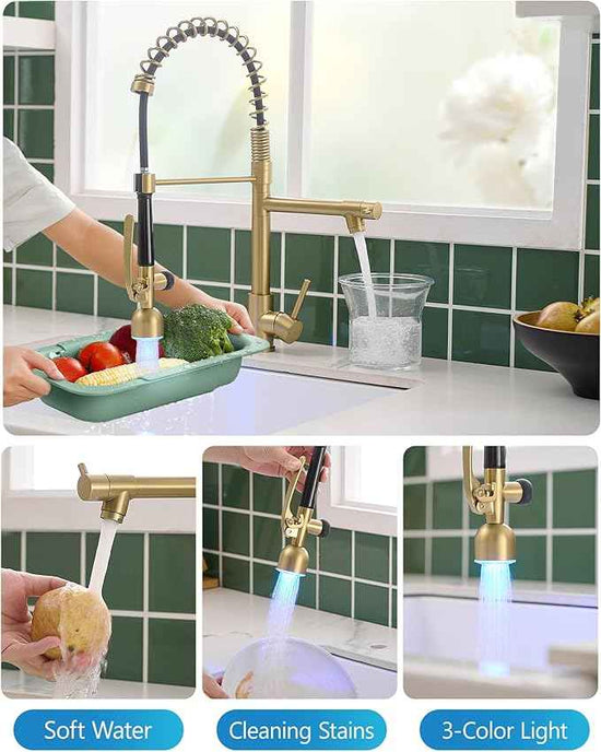 Fapully Single Handle High Arc Brushed Gold Pull Down Kitchen Faucet LED,Single Level Kitchen Sink Faucets with Pull Down Sprayer